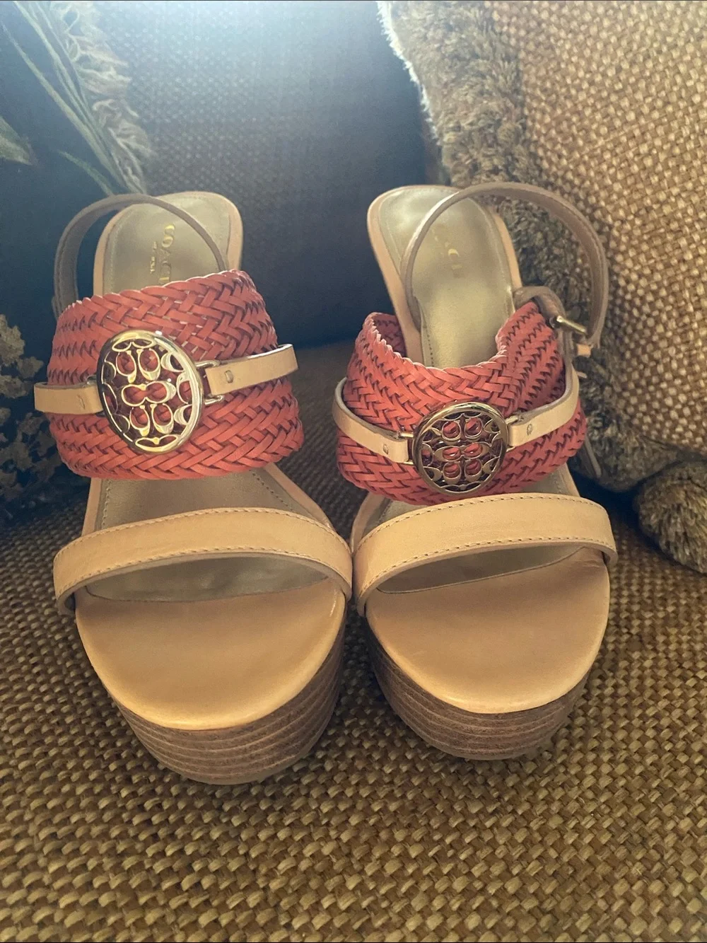 Coach Tan and Coral Woven Wedge Sandals